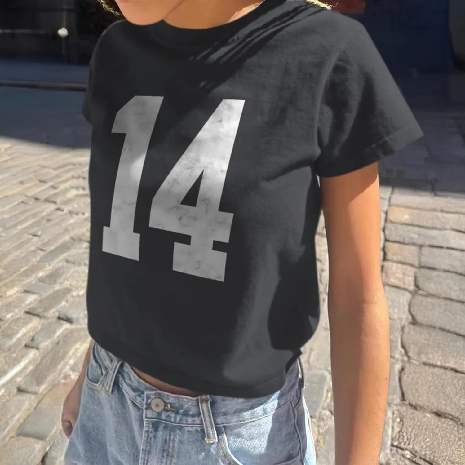 Number 14 Jersey Shirt Fitted Graphic Tee for Women Baby Tees Y2k Cute Teen Summer Short Sleeve Tops