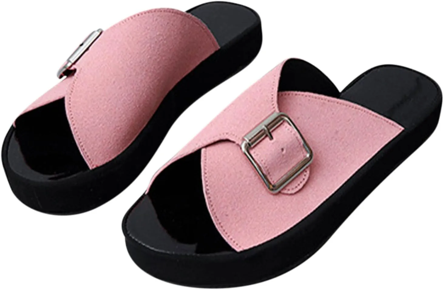oiangi Sandals for Women Dressy Summer Flats Round Toe Open Toe Buckle Slip on Platform Slippers Comfortable Outdoor Non-Slip Ladies Beach Shoes Slides