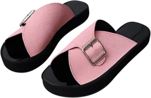 oiangi Sandals for Women Dressy Summer Flats Round Toe Open Toe Buckle Slip on Platform Slippers Comfortable Outdoor Non-Slip Ladies Beach Shoes Slides