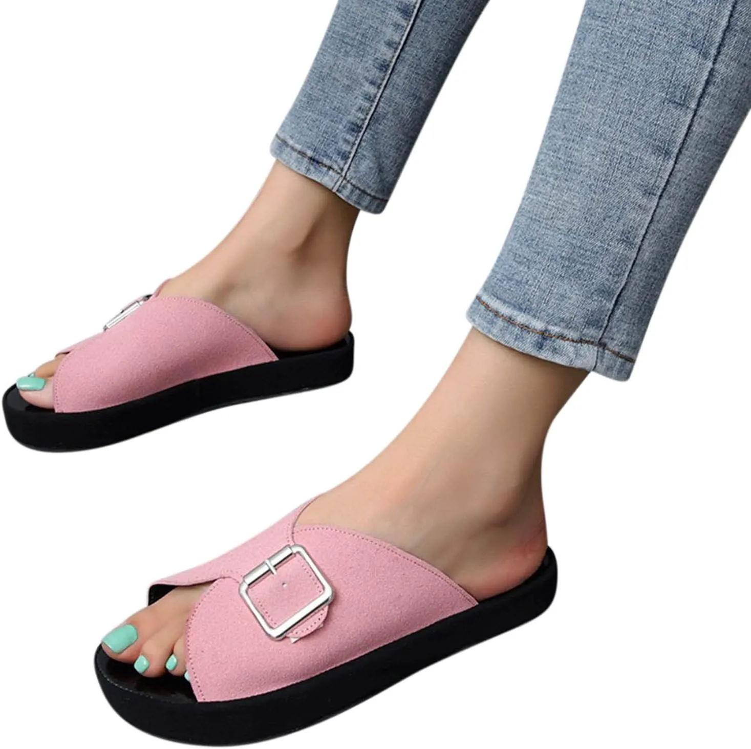 oiangi Sandals for Women Dressy Summer Flats Round Toe Open Toe Buckle Slip on Platform Slippers Comfortable Outdoor Non-Slip Ladies Beach Shoes Slides