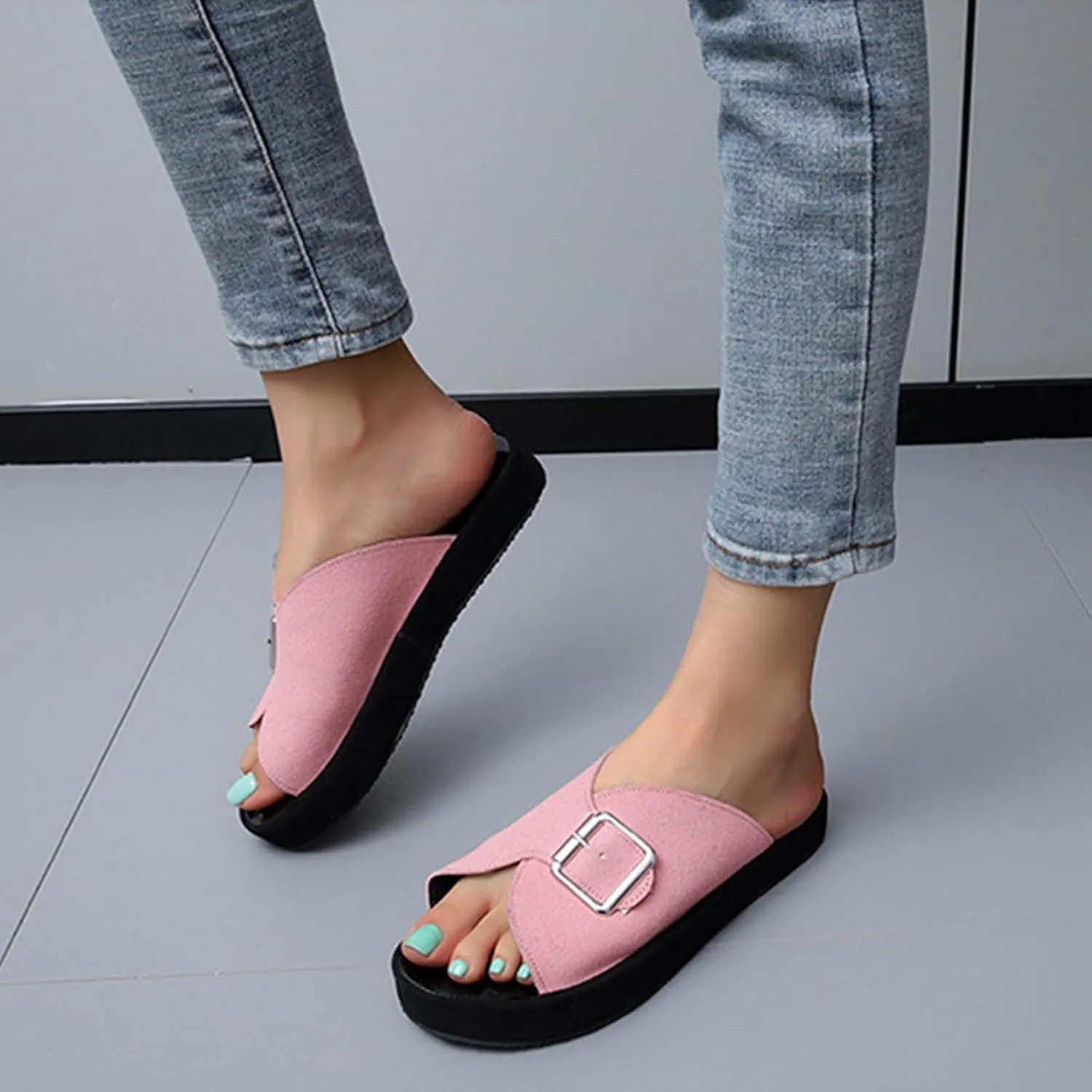 oiangi Sandals for Women Dressy Summer Flats Round Toe Open Toe Buckle Slip on Platform Slippers Comfortable Outdoor Non-Slip Ladies Beach Shoes Slides