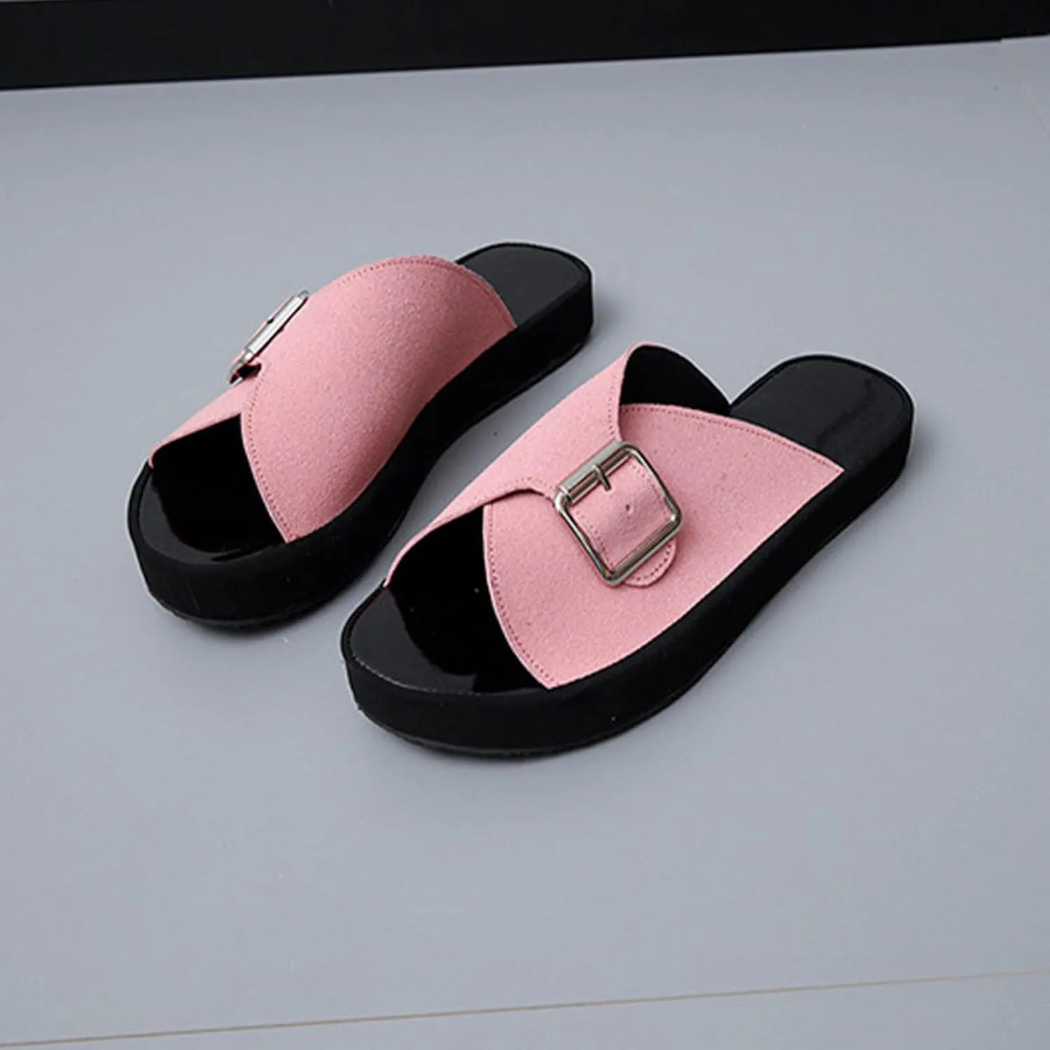 oiangi Sandals for Women Dressy Summer Flats Round Toe Open Toe Buckle Slip on Platform Slippers Comfortable Outdoor Non-Slip Ladies Beach Shoes Slides