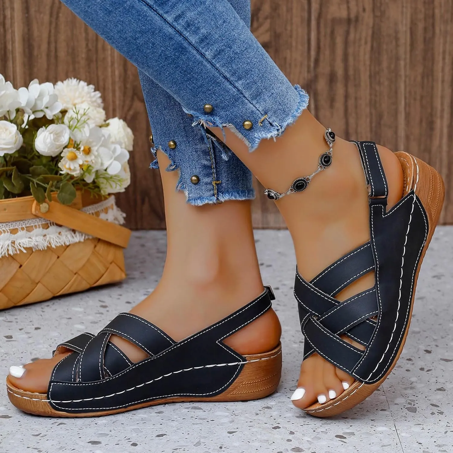 Orthopedic Sandals for Women Summer Wedge Platform Sandals Open Toe Cross Ankle Strap Flat Shoes, Casual Beach Outdoor Walking Slippers Comfortable Platform Leather Loafers