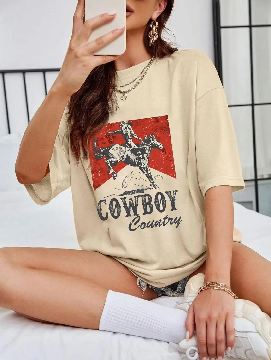 Oversized Cowboy Country Shirt Women: Cowgirl Country Music Shirt Rodeo Graphic Tee Casual Loose Western Top