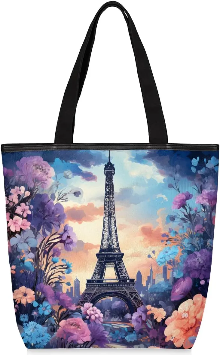 Paris Tower Flower Canvas Tote Bag for Women Large Tote Bag with Zipper & Pockets Canvas Beach Bag Shoulder Bag Reusable Shopping Bags Cute Tote Bags for Work Travel