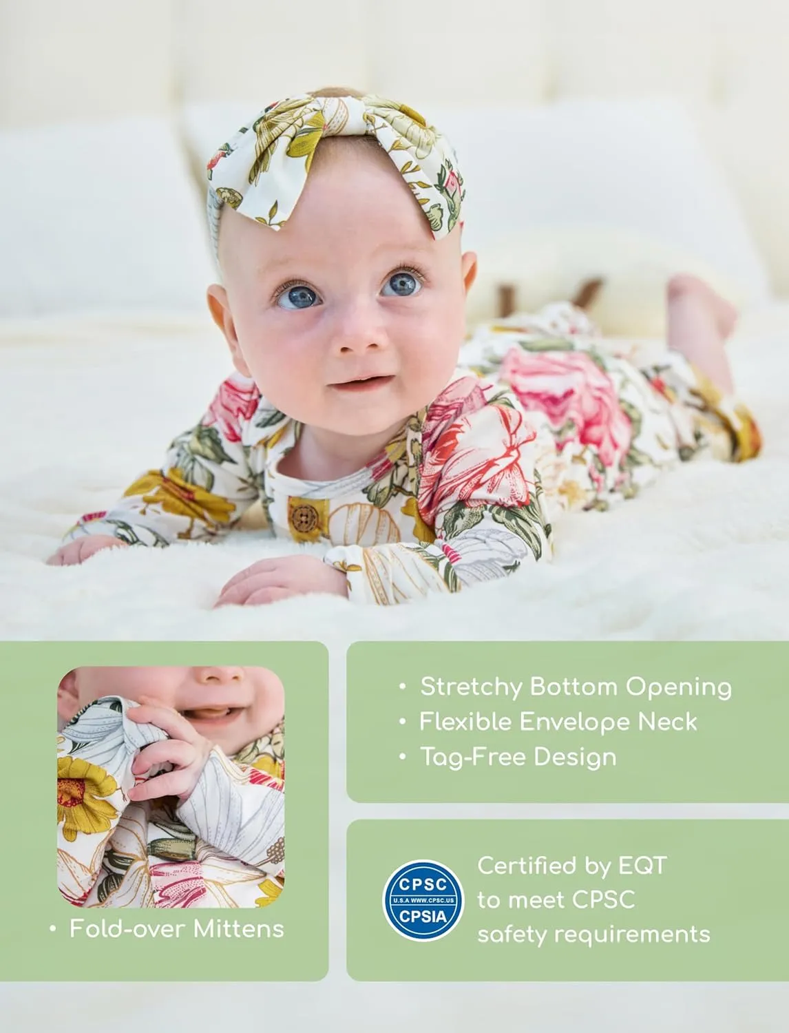 PATPAT Baby Sleeper Gown with Bamboo Viscose for Newborn Girls, Knotted Nightgown with Headband, Infant Home Coming Outfit
