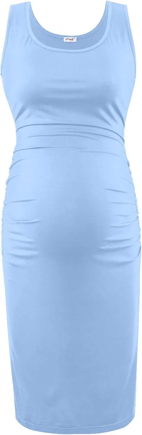 Peauty "B Shape Side Ruch Maternity Tank Dress/Bodycon Midi Dress for Everyday Wear Baby Shower