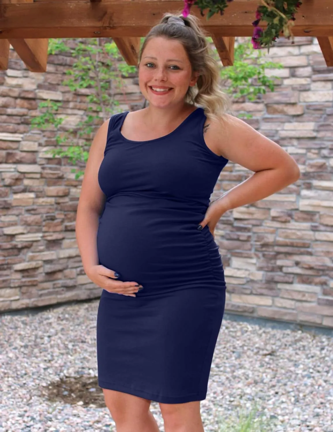 Peauty "B Shape Side Ruch Maternity Tank Dress/Bodycon Midi Dress for Everyday Wear Baby Shower