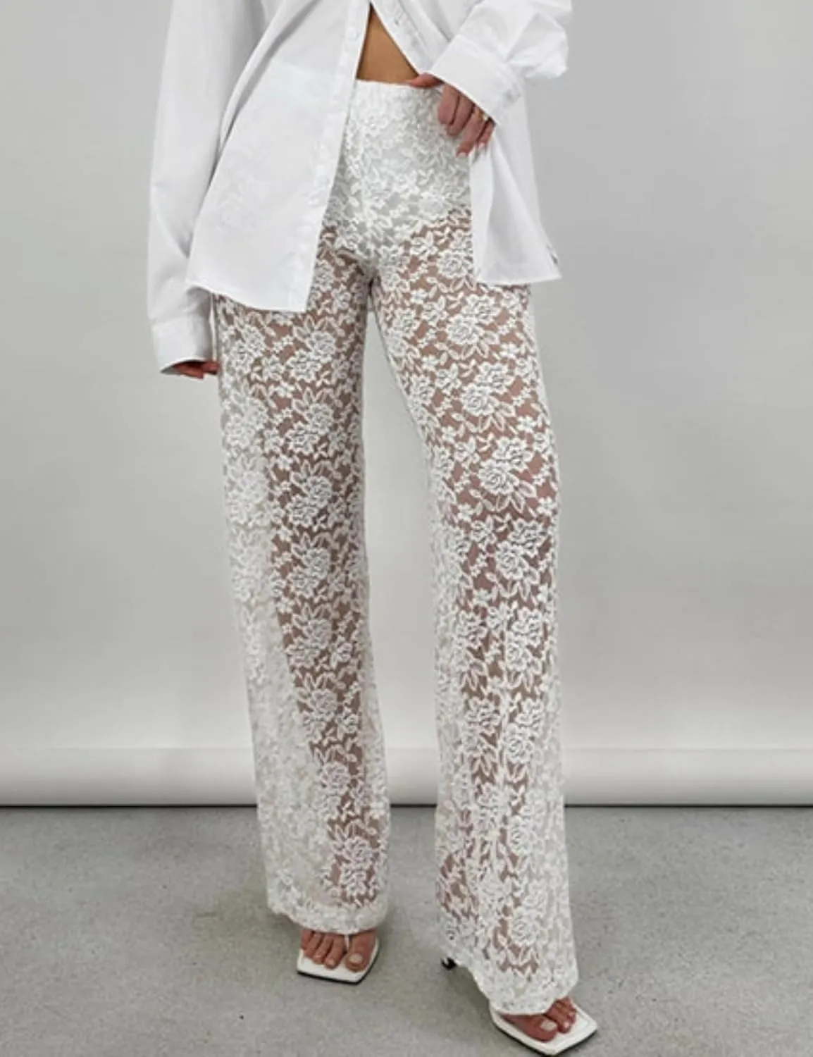 Perbai Women's Y2K Lace Bell Pants Sexy Crochet See Through Flare Leggings Floral Embroidered Mesh Beach Trousers