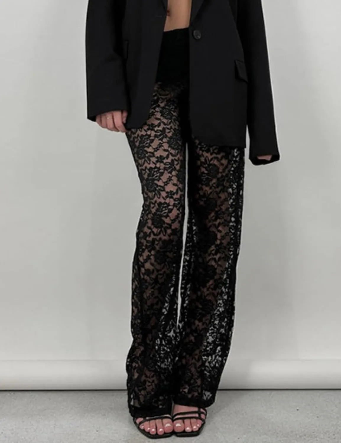 Perbai Women's Y2K Lace Bell Pants Sexy Crochet See Through Flare Leggings Floral Embroidered Mesh Beach Trousers