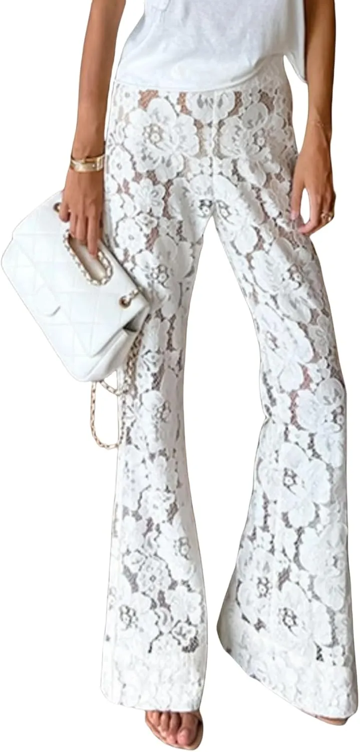 Perbai Women's Y2K Lace Bell Pants Sexy Crochet See Through Flare Leggings Floral Embroidered Mesh Beach Trousers