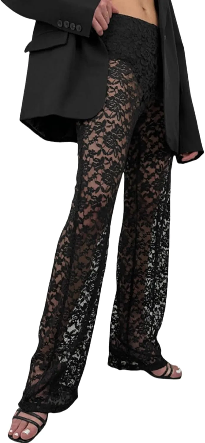 Perbai Women's Y2K Lace Bell Pants Sexy Crochet See Through Flare Leggings Floral Embroidered Mesh Beach Trousers