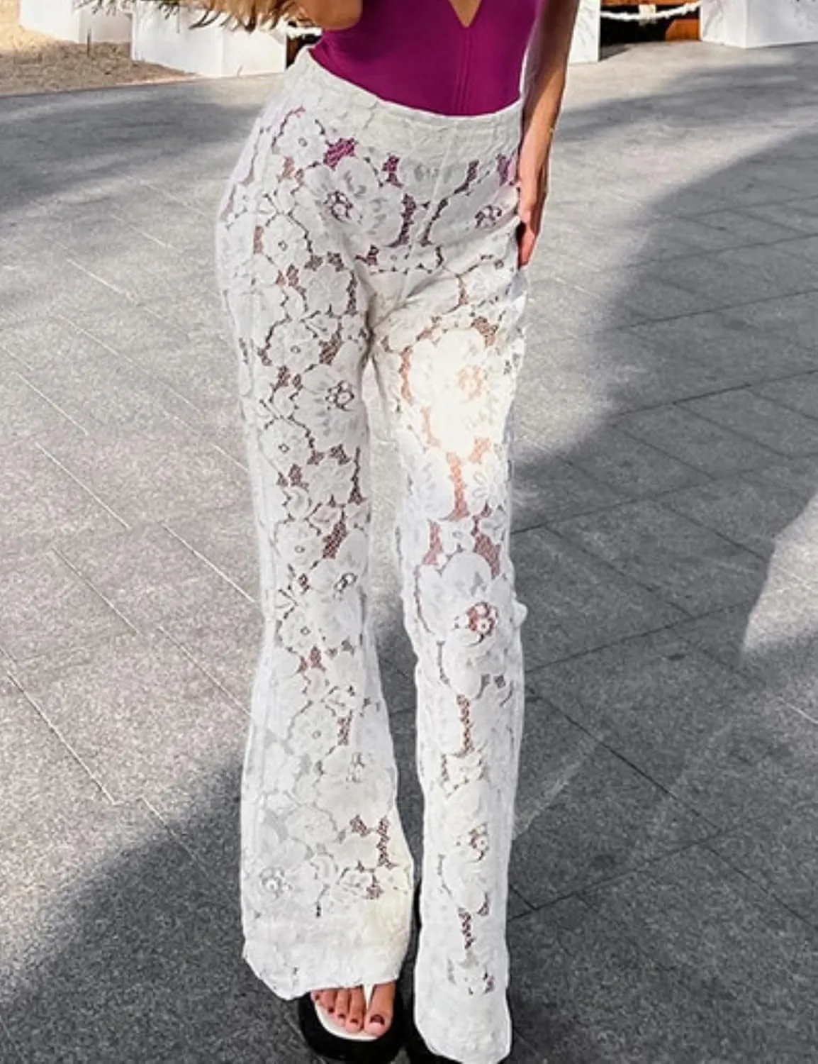 Perbai Women's Y2K Lace Bell Pants Sexy Crochet See Through Flare Leggings Floral Embroidered Mesh Beach Trousers