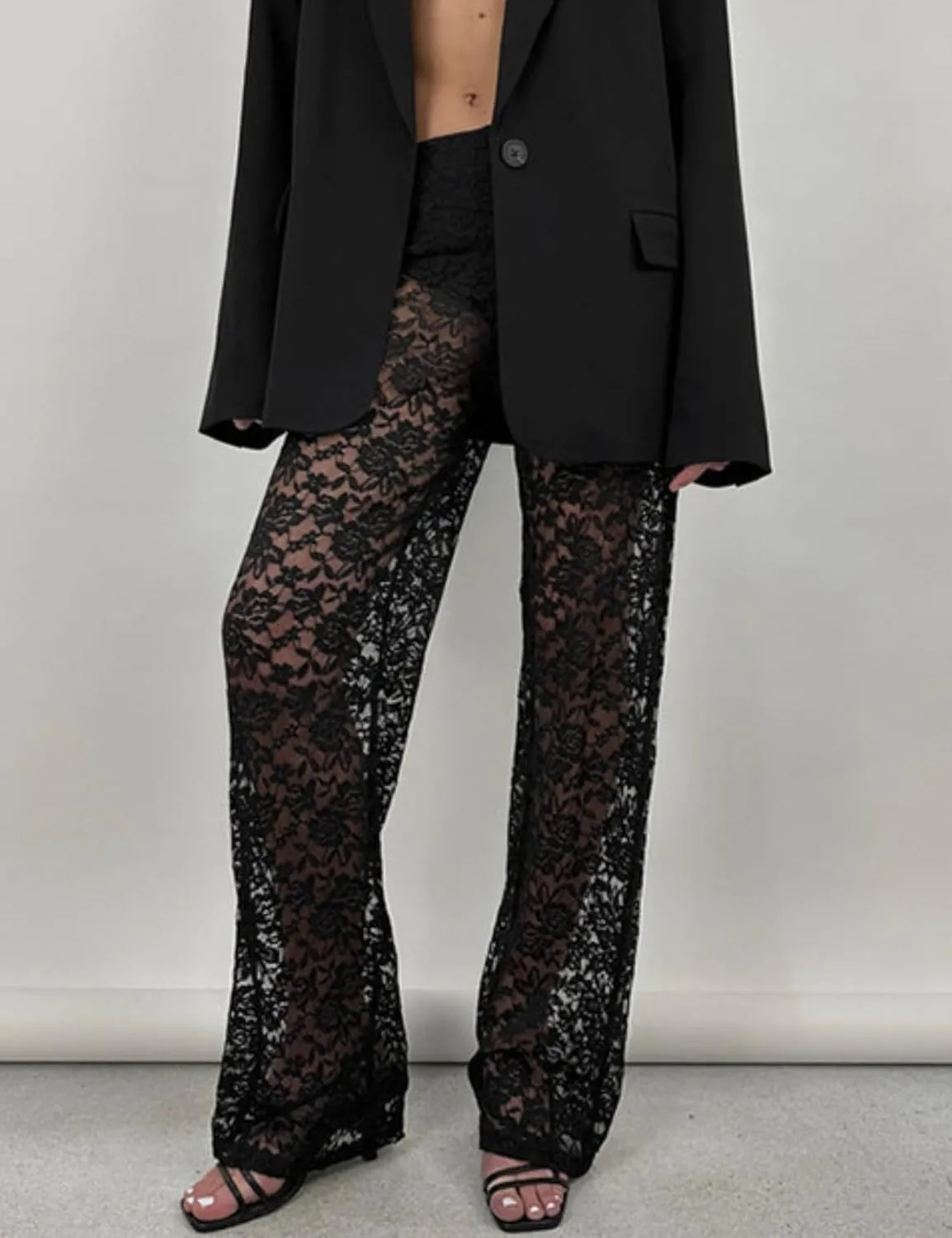 Perbai Women's Y2K Lace Bell Pants Sexy Crochet See Through Flare Leggings Floral Embroidered Mesh Beach Trousers