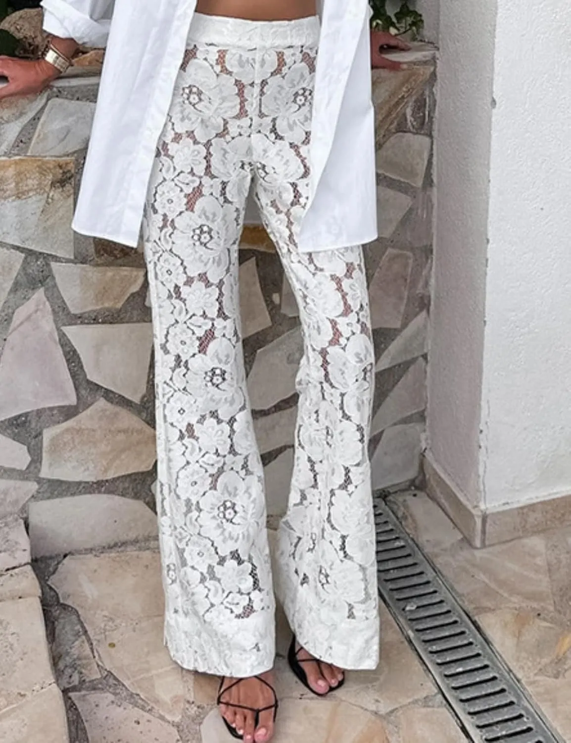 Perbai Women's Y2K Lace Bell Pants Sexy Crochet See Through Flare Leggings Floral Embroidered Mesh Beach Trousers