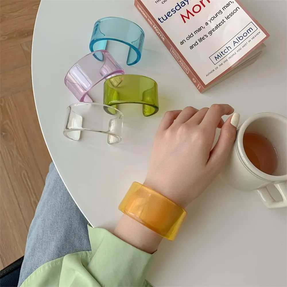 Pingyongchang Colorful Acrylic Resin Geometric Simple Open Bracelet Transparent Wide Cuff Bangle for Women Jewelry Gift
