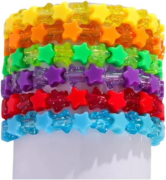 Pingyongchang Friendship Stackable Colorful Acrylic Beads Bracelets Star Gem Layered Bangle for Women Boho Glitter Transparent Rainbow Accessories Lovely Summer Holiday Beach Party Jewelry