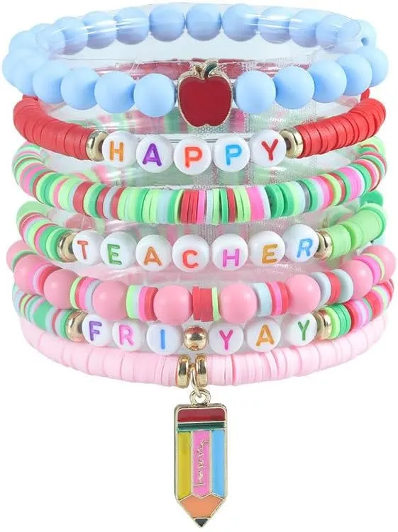 Pingyongchang Teacher Appreciation Gifts Heishi Surfer Beaded Bracelets Set Ploymer Clay Stackable Elastic Bangle for Women Bohemian Handmade Beaded Love Teach Inspire Teacher Graduation Bracelet