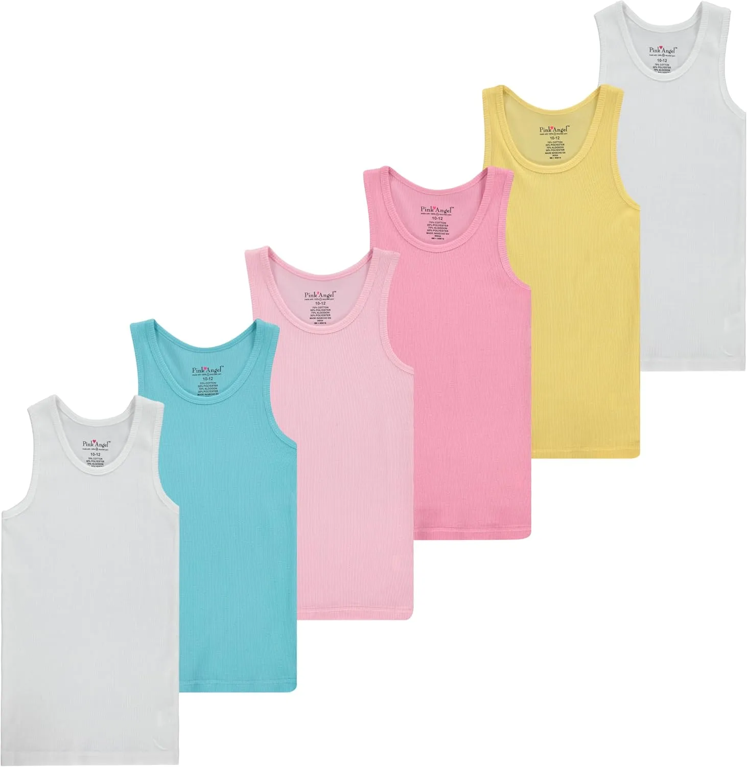 Pink Angel 6-Pack Girls Tank Tops - Undershirts, Trendy Ribbed Sleeveless Summer Shirts - Kids Tank Tops