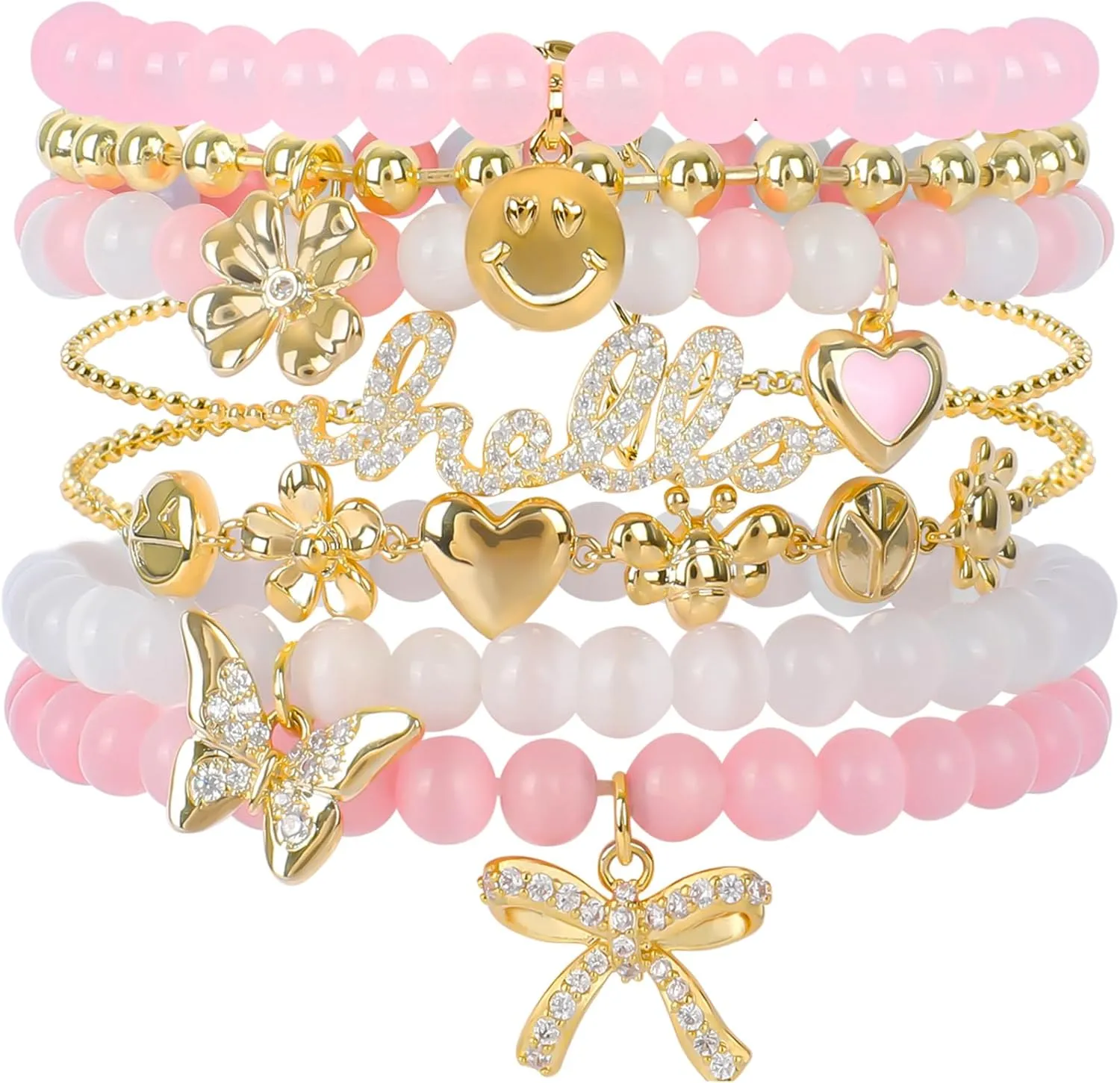 Pink Beaded Bracelet for Women 7Pcs Stackable Opal Stone Stretch Bracelets Sweet Multilayered Gold Charm Bracelets Set Love Heart Flower Clover CZ Butterfly Bow Hello Charm Jewelry Gift for Women