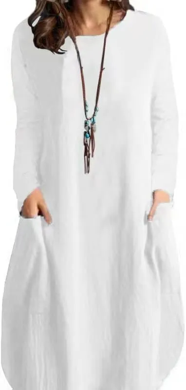 Plus Size Cotton Linen Shift Dresses for Curvy Women Casual Loose Tshirt Midi Dress with Pockets