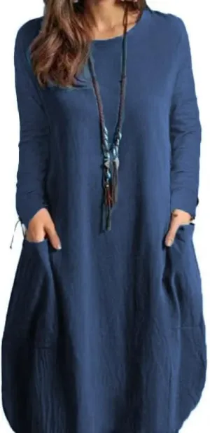 Plus Size Cotton Linen Shift Dresses for Curvy Women Casual Loose Tshirt Midi Dress with Pockets