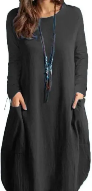 Plus Size Cotton Linen Shift Dresses for Curvy Women Casual Loose Tshirt Midi Dress with Pockets