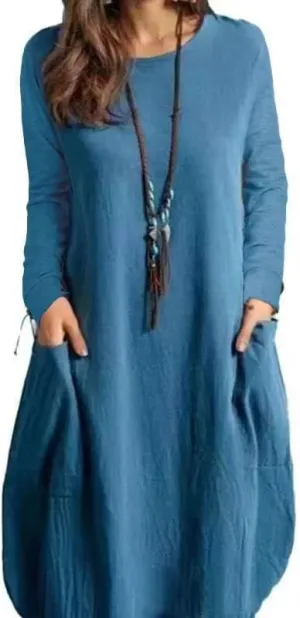 Plus Size Cotton Linen Shift Dresses for Curvy Women Casual Loose Tshirt Midi Dress with Pockets