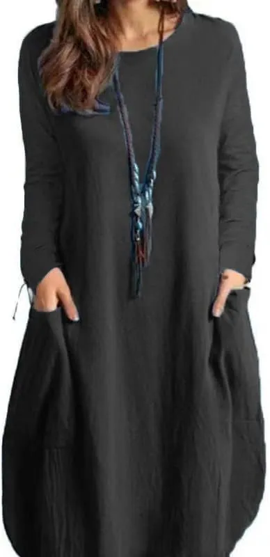 Plus Size Cotton Linen Shift Dresses for Curvy Women Casual Loose Tshirt Midi Dress with Pockets