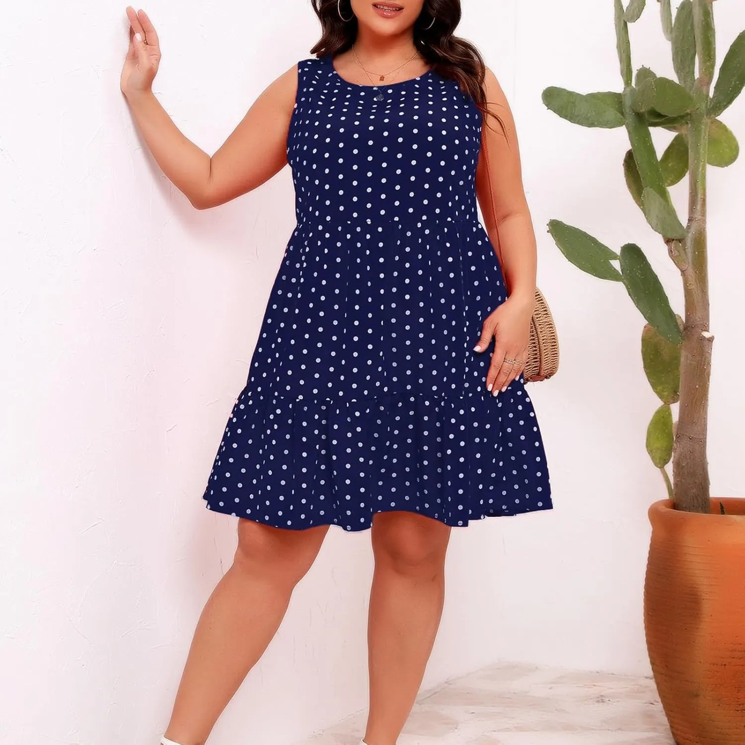 Plus Size Summer Dresses Beach Crew Neck Sleeveless Polka Dot Tank Dresses for Women Loose Length Knee Sundress