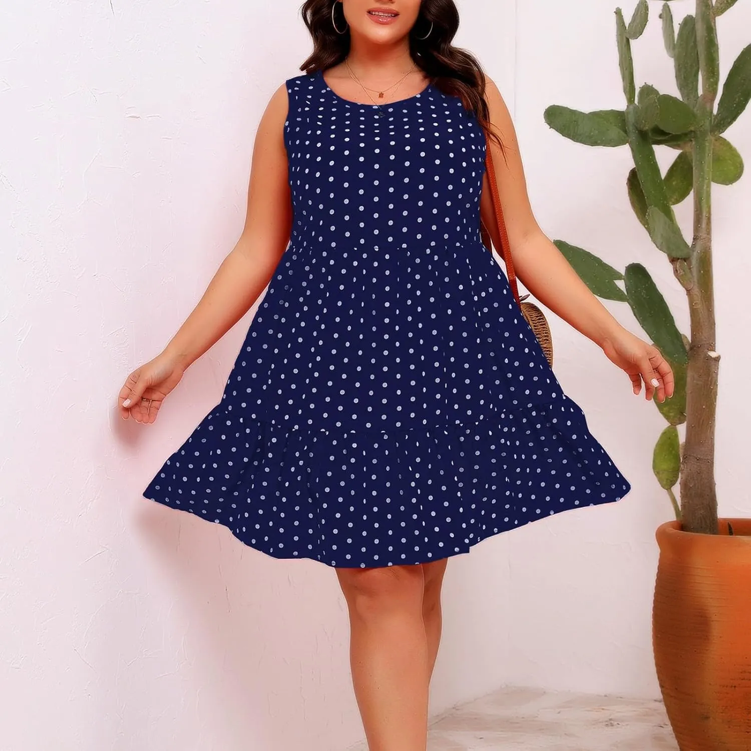 Plus Size Summer Dresses Beach Crew Neck Sleeveless Polka Dot Tank Dresses for Women Loose Length Knee Sundress