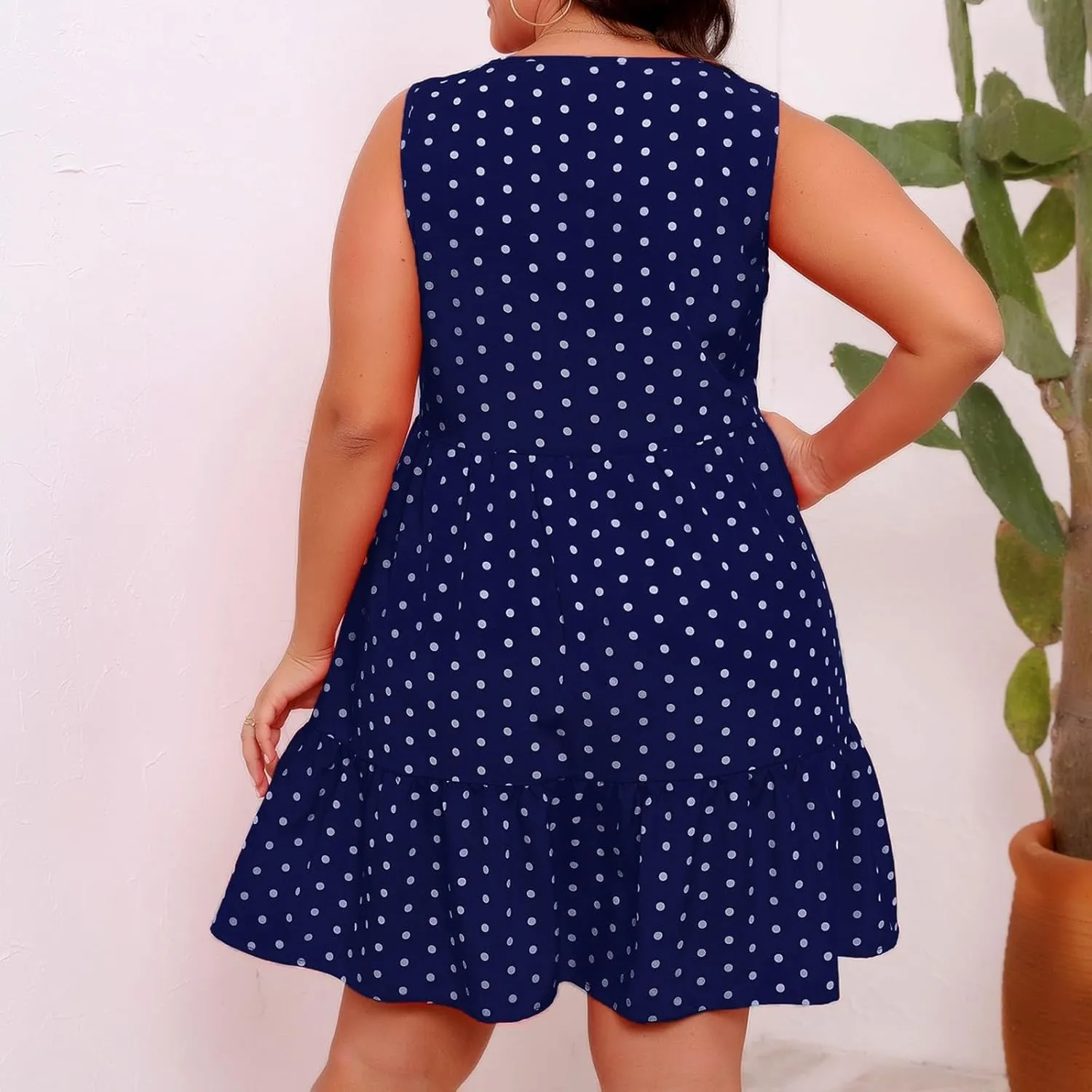 Plus Size Summer Dresses Beach Crew Neck Sleeveless Polka Dot Tank Dresses for Women Loose Length Knee Sundress