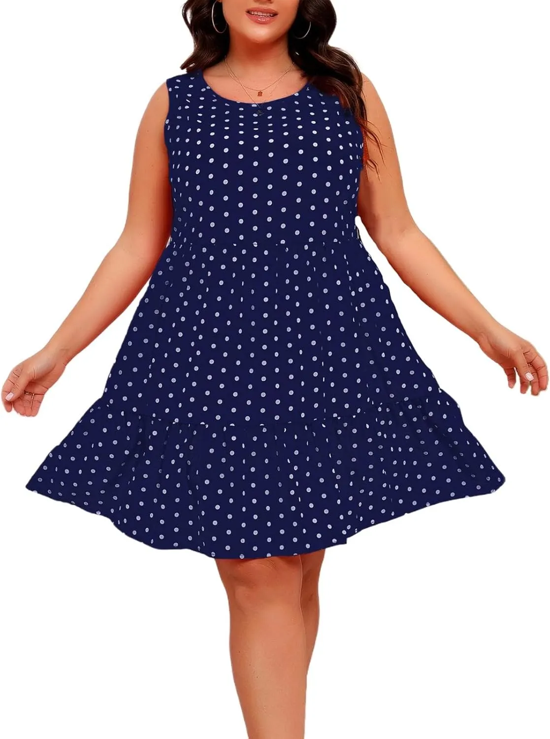 Plus Size Summer Dresses Beach Crew Neck Sleeveless Polka Dot Tank Dresses for Women Loose Length Knee Sundress