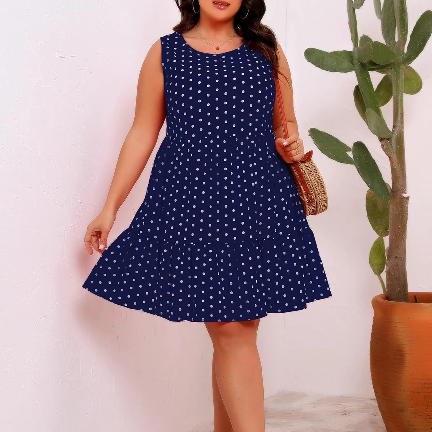 Plus Size Summer Dresses Beach Crew Neck Sleeveless Polka Dot Tank Dresses for Women Loose Length Knee Sundress