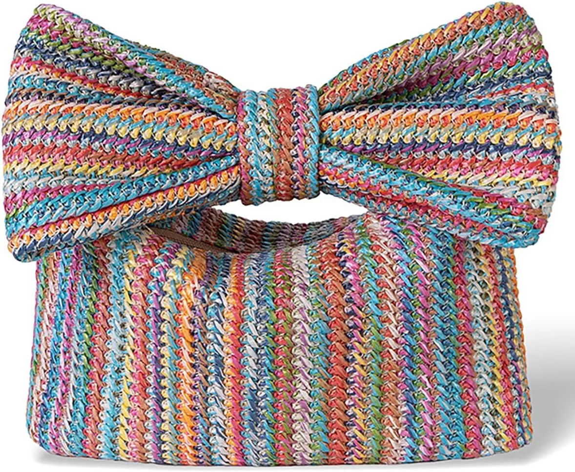 Pocadri Bow Straw Woven Purse for Women Handbag Summer Beach Evening Envelope Wallet Flap Phone Clutch Party Wedding