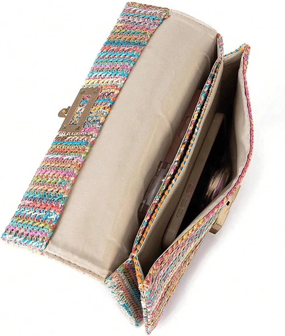 Pocadri Bow Straw Woven Purse for Women Handbag Summer Beach Evening Envelope Wallet Flap Phone Clutch Party Wedding