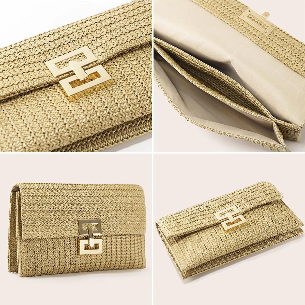 Pocadri Bow Straw Woven Purse for Women Handbag Summer Beach Evening Envelope Wallet Flap Phone Clutch Party Wedding