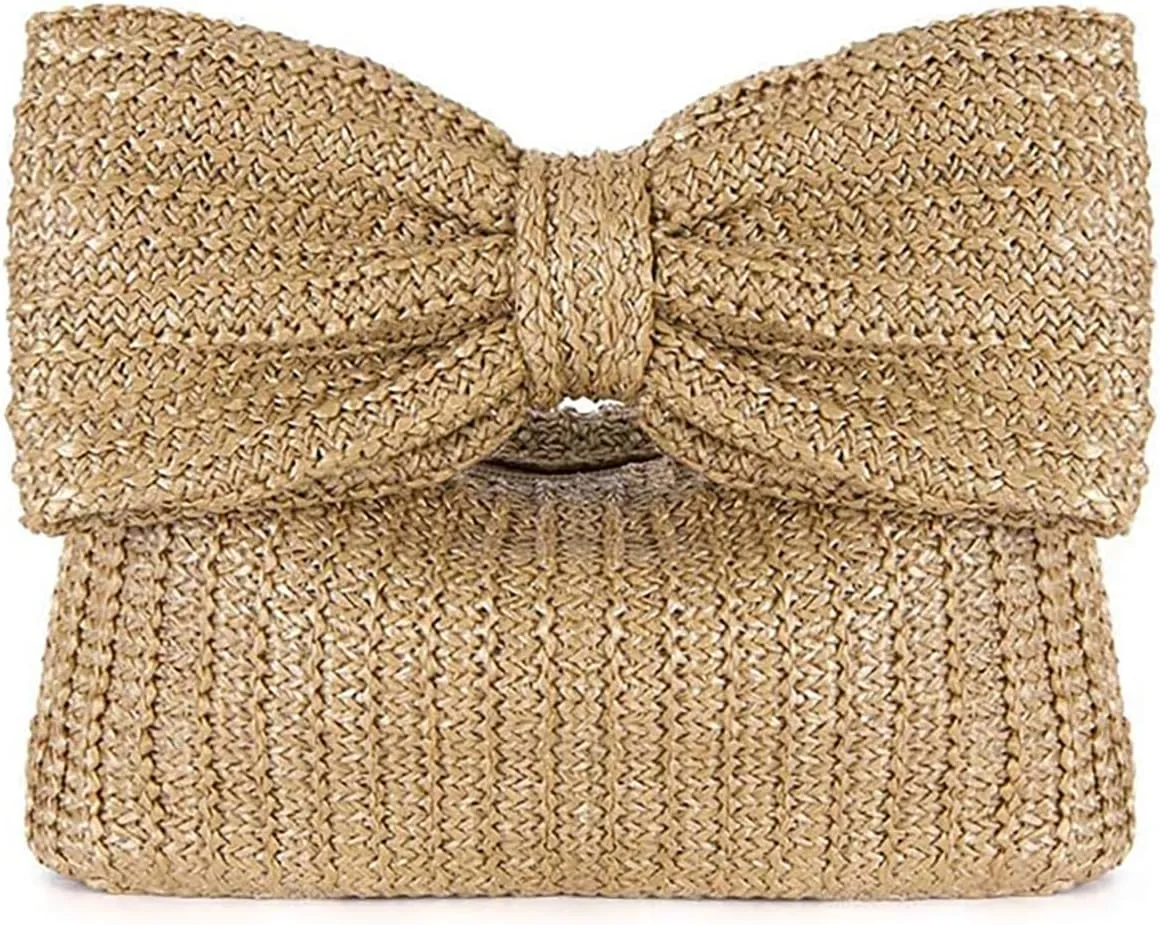 Pocadri Bow Straw Woven Purse for Women Handbag Summer Beach Evening Envelope Wallet Flap Phone Clutch Party Wedding