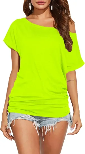 Poetsky Women's Summer Off Shoulder Shirts Casual Loose Short Sleeve Tunics Tops