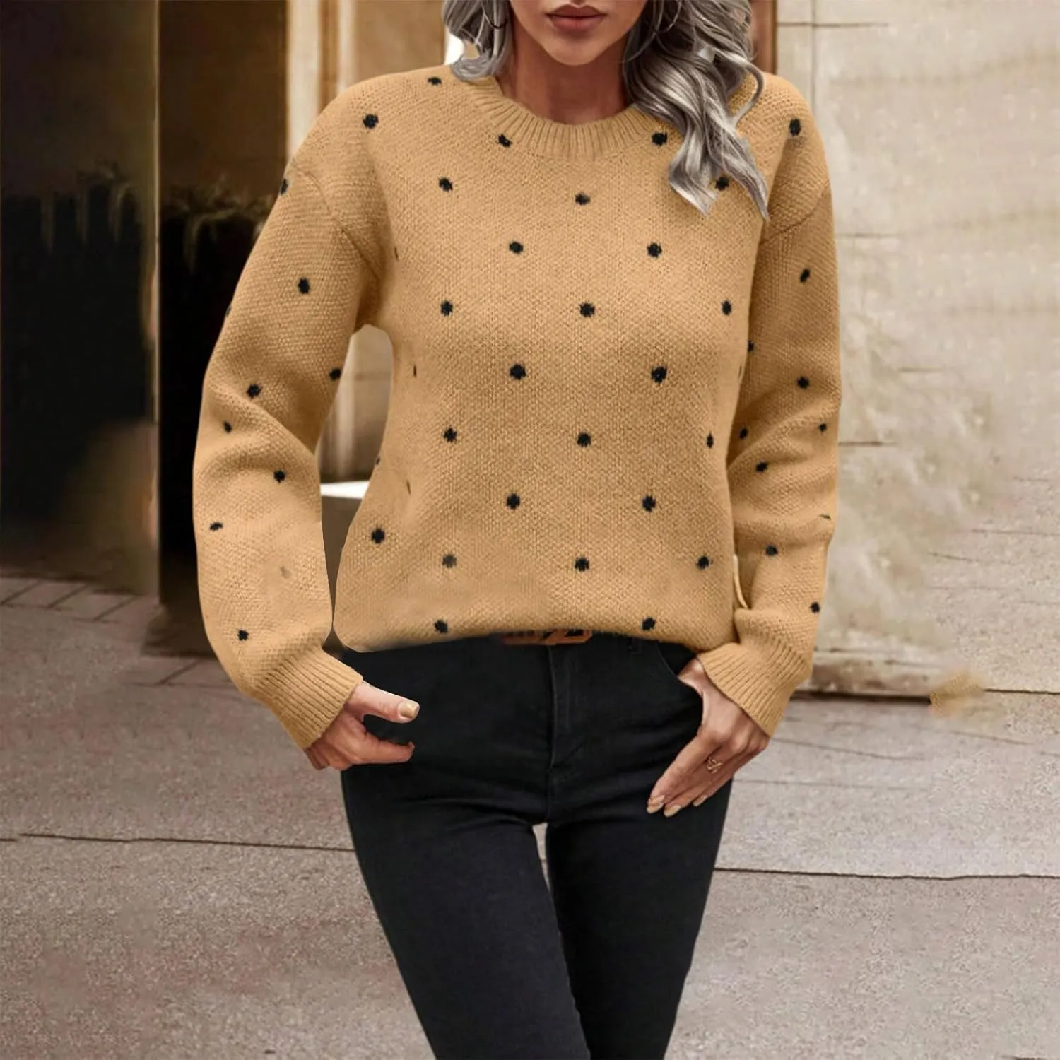 Polka Dot Sweater for Women Casual Long Sleeve Crewneck Pullover Shirt Fashion 2024 Winter Outfits Loose Warm Clothes