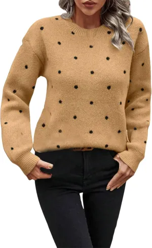 Polka Dot Sweater for Women Casual Long Sleeve Crewneck Pullover Shirt Fashion 2024 Winter Outfits Loose Warm Clothes