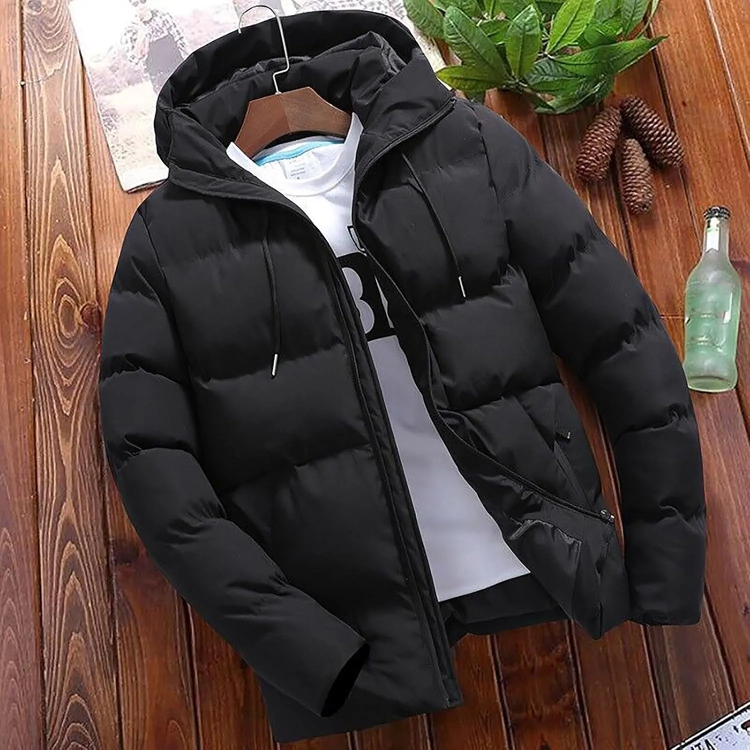 Puffer Jacket Men Insulated Lightweight Hooded Down Coats Outdoor Winter Casual Windproof Tops Waterproof Jackets