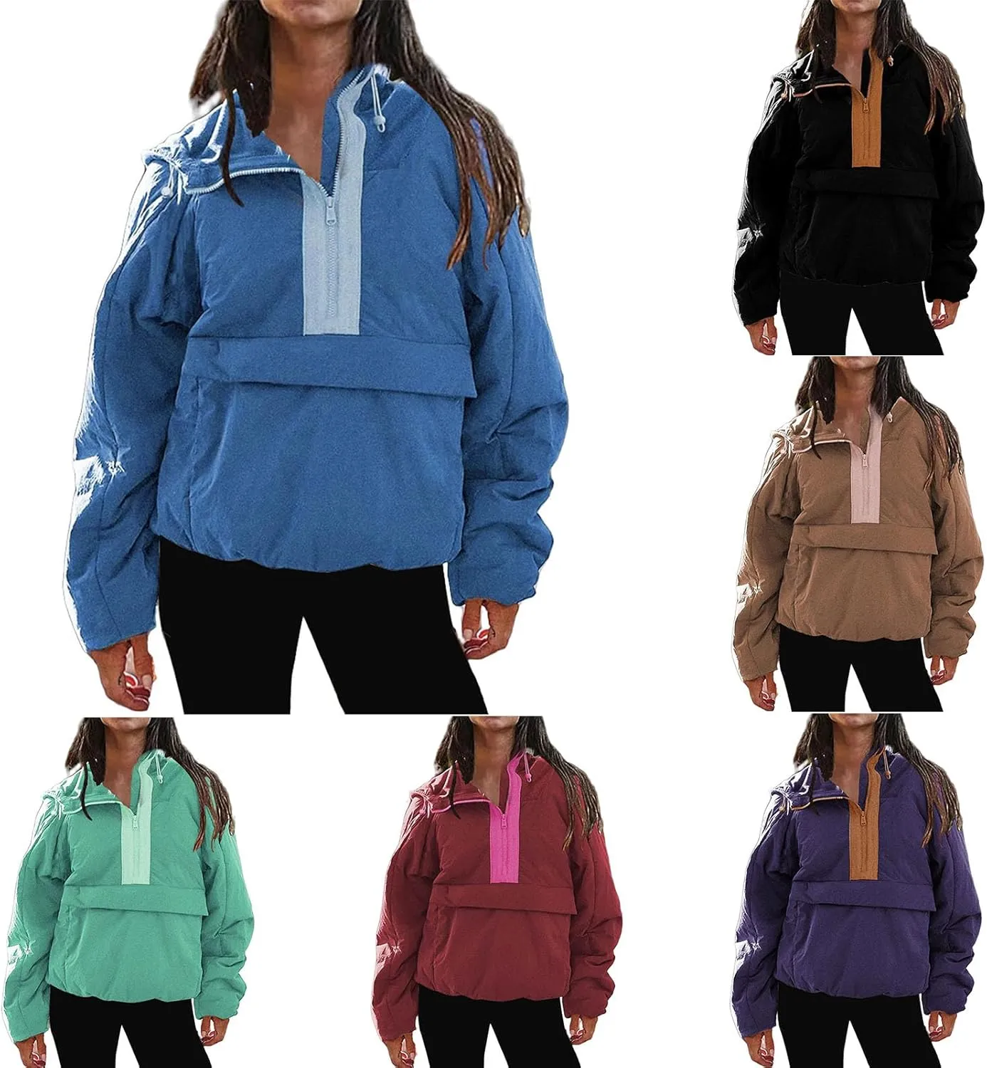 Pullover Puffer Jacket Womens Long Sleeve Half Zip Hooded Coat Drawstring Casual Loose Jacket Lightweight Hoodies