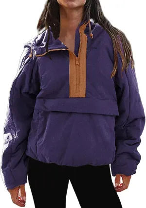 Pullover Puffer Jacket Womens Long Sleeve Half Zip Hooded Coat Drawstring Casual Loose Jacket Lightweight Hoodies