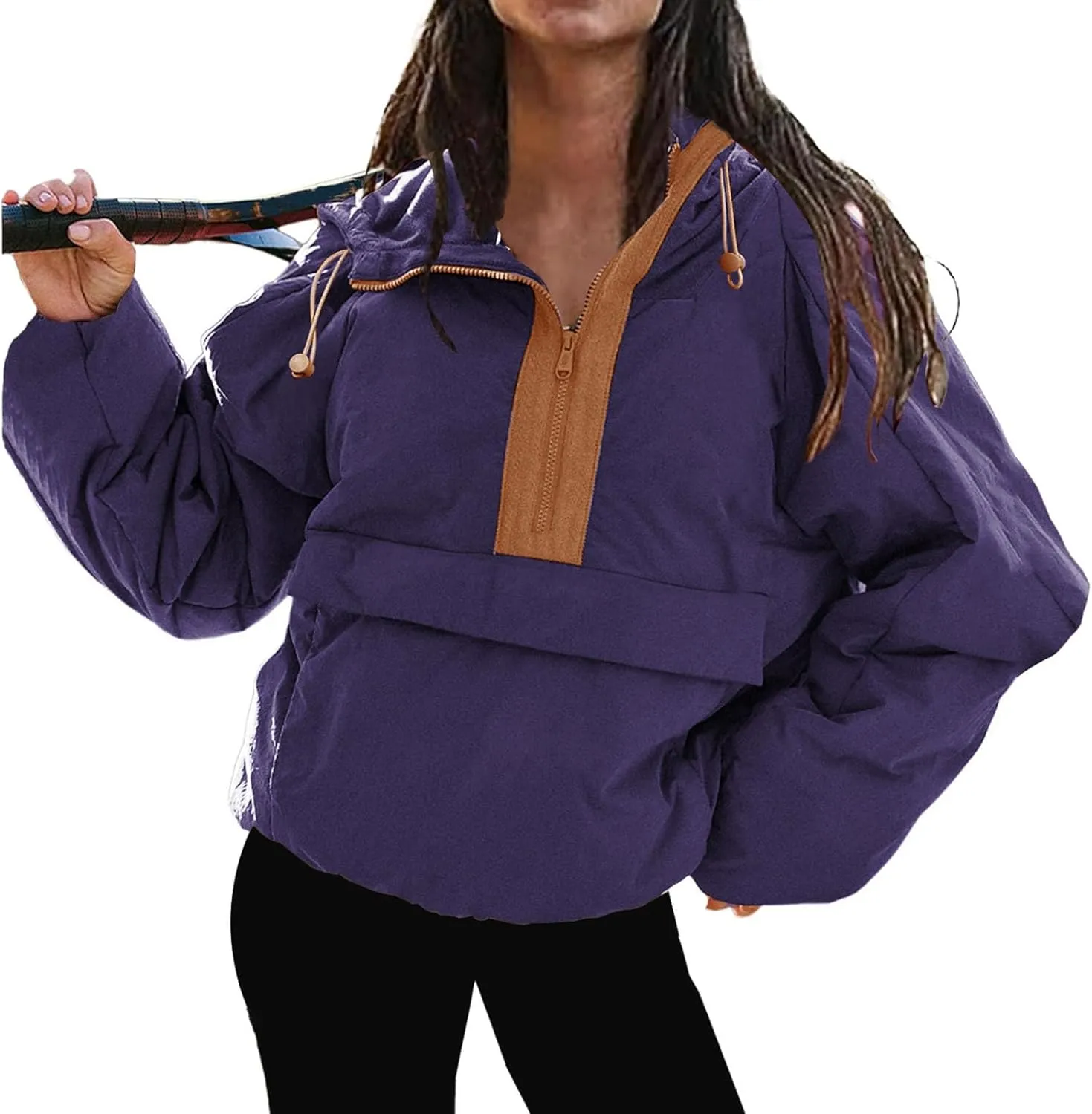 Pullover Puffer Jacket Womens Long Sleeve Half Zip Hooded Coat Drawstring Casual Loose Jacket Lightweight Hoodies