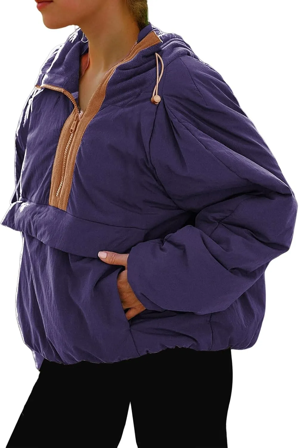 Pullover Puffer Jacket Womens Long Sleeve Half Zip Hooded Coat Drawstring Casual Loose Jacket Lightweight Hoodies