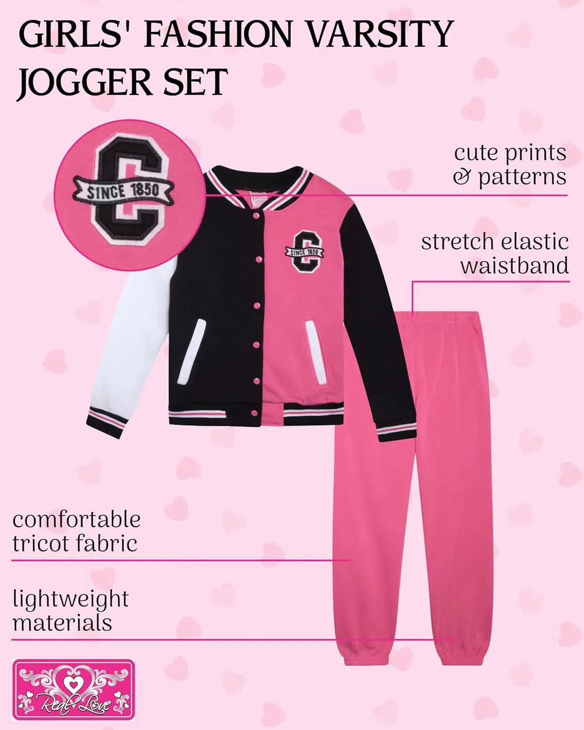 Real Love Girl's Jogger Set - 2 Piece Soft Fleece Varsity Sweatshirts and Jogger Pants - Matching Girls Activewear Set (7-12)