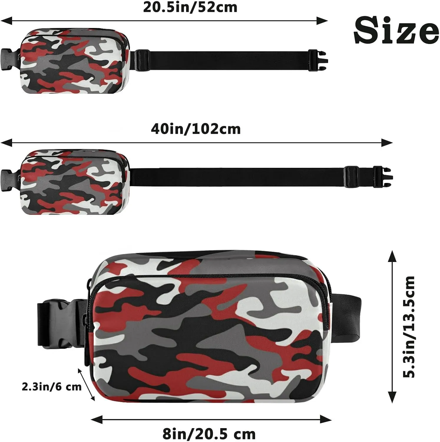 Red Camouflage Texture Belt Bag for Women Men Water Proof Belt Bags with Adjustable Shoulder Tear Resistant Fashion Waist Packs for Walking