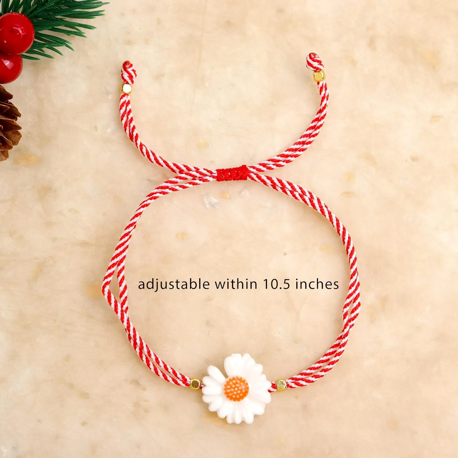Resin Daisy Bracelets for Women, Cute Handmade Red Braided String Protection Bracelet Adjustable Bracelet Holiday Christmas Jewelry Gifts.