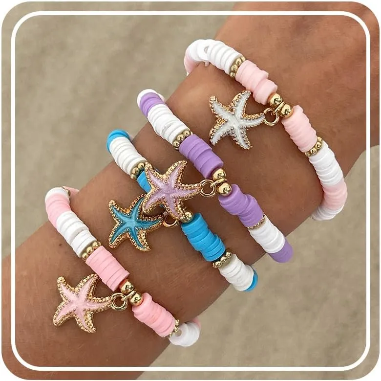 RINHOO FRIENDSHIP Clay Bead Bracelets Set for Women Boho Colorful Cute Shell Starfish Turtle Clay Flower Stretch Stackable Summer Beach Bracelets Jewelry for Women (Starfish)